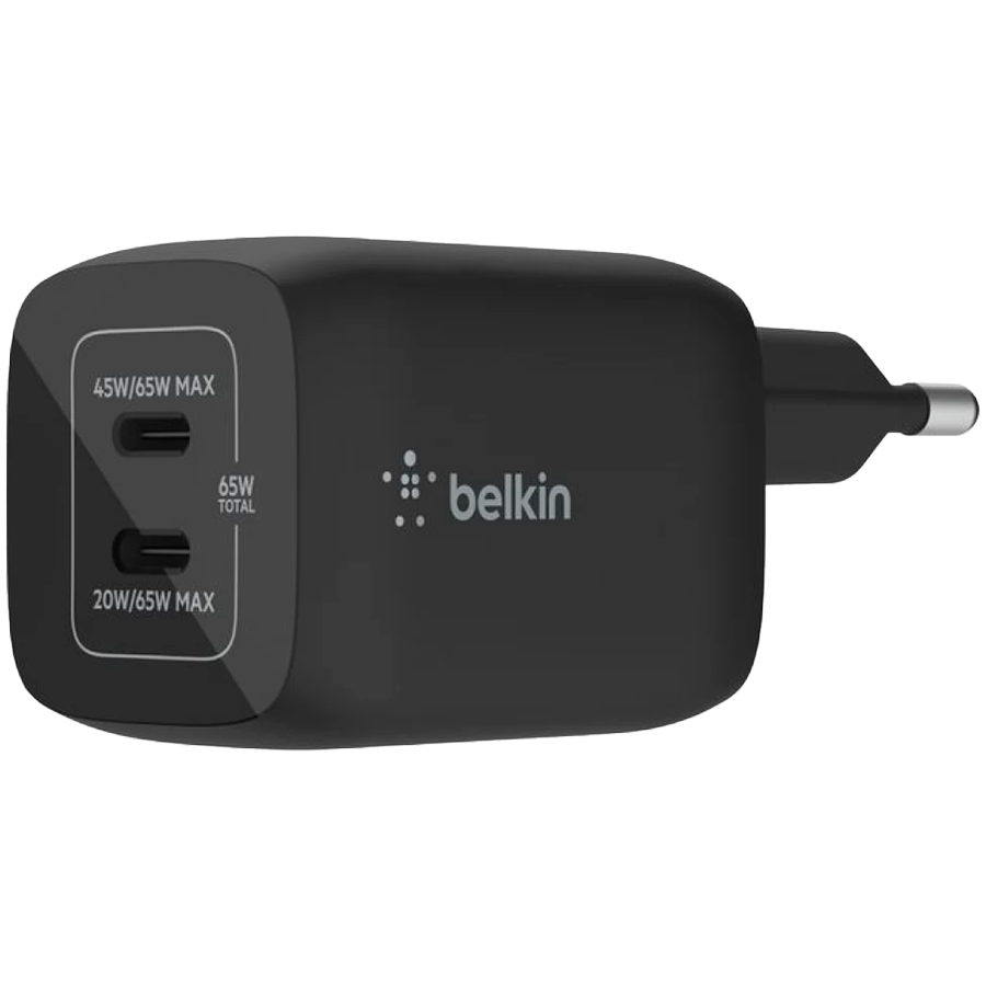 BELKIN 65W PD PPS Dual USB-C GaN Charger, Black