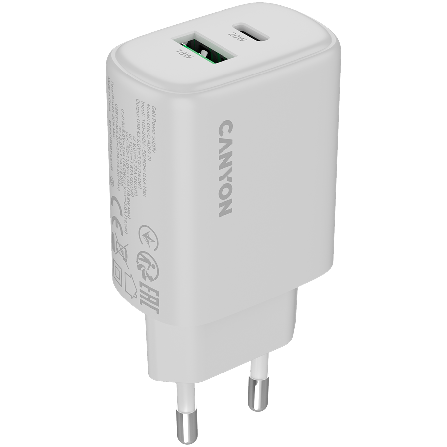 [CNE-CHA200-21] CANYON charger OnCharge 200 20W 1xPD 1xQC EU White
