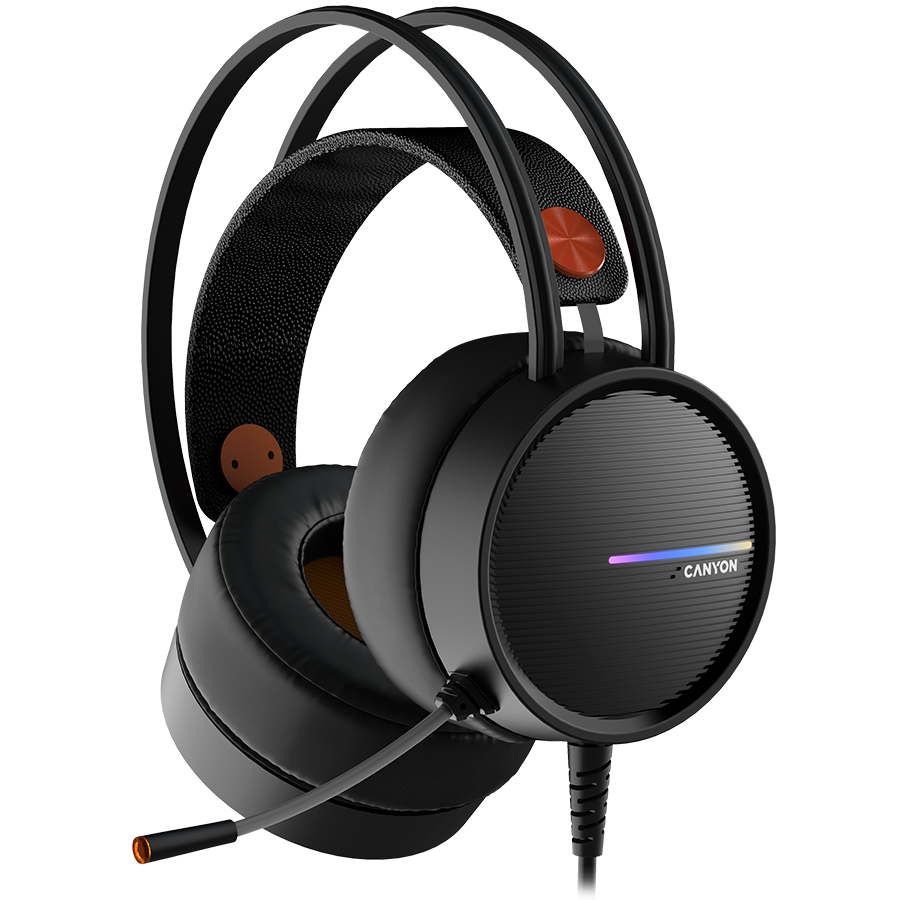 [CND-SGHS8A] CANYON INTERCEPTOR GH-8A, Gaming headset 3.5mm jack plus USB connector for LED backlight, adjustable microphone and volume control, with 2in1 3.5mm adapter, cable 2M, Black and Orange, 0.36kg