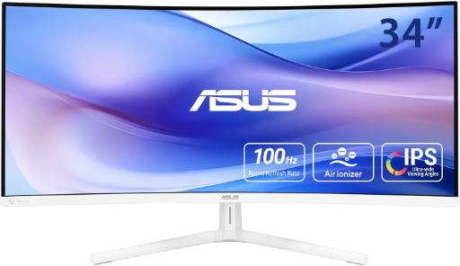 [28505] ASUS Monitor EyeCare 34" UWQHD 100Hz VA Curved 1500R Air-Ionizer USB Hub DP HDMI USB-C PD Speakers VU34WCIP-W White