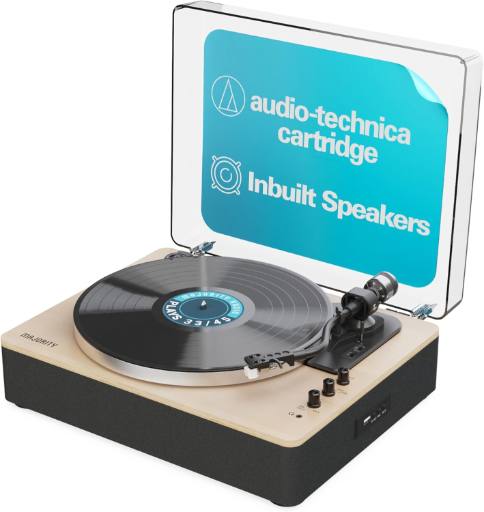 [28394] Majority Turntable FOLIO Stereo Speakers, AT3600L Cartridge & Pitch Control