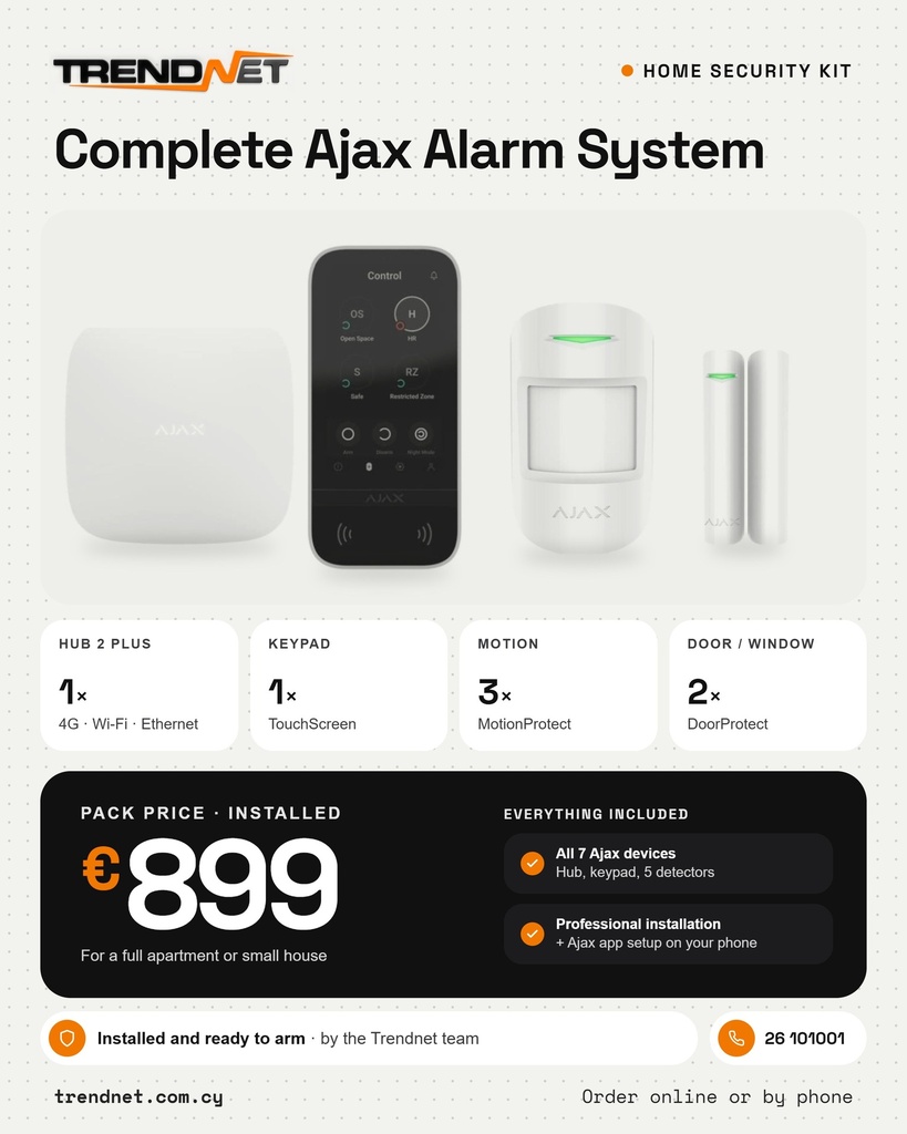 Complete Ajax Alarm System Kit – Installed (Hub 2 Plus, KeyPad TouchScreen, 3× MotionProtect, 2× DoorProtect)