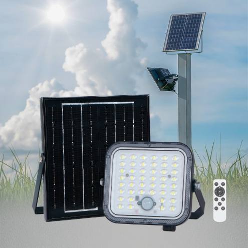 [28186] GBC ON LED Dimmable Solar Floodlight with Panel, Remote Control & PIR 1400 Lumens