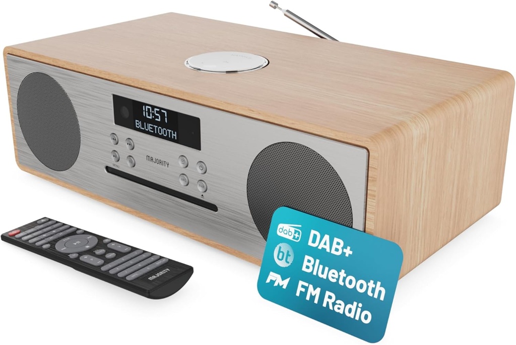 [27128] Majority OAKINGTON (Oak) Mini HiFi System 120W with CD Player, Bluetooth, FM Radio, USB Play & Phone Charging