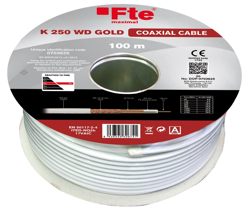 [26450] FTE K250WD Gold Coaxial RG6 Copper LSZH Cable 100m CPR Dca