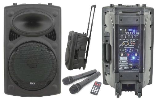 [22630] QTX QR15PA 15'' Professional Portable Karaoke & PA Speaker with 2x Wireless Microphones, Bluetooth USB & FM 178.848UK