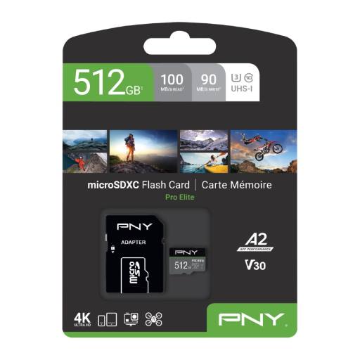 PNY Flash Memory MicroSDXC Card Elite Pro 512GB Class 10 UHS-I U3 V30 with SD Adapter