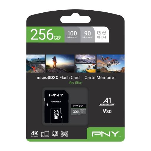 PNY Flash Memory MicroSDXC Card Elite Pro 256GB Class 10 UHS-I U3 V30 with SD Adapter