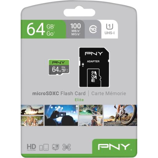 [22376] PNY Flash Memory MicroSD Card Elite with SD Adapter 64GB Class 10 UHS-I U1