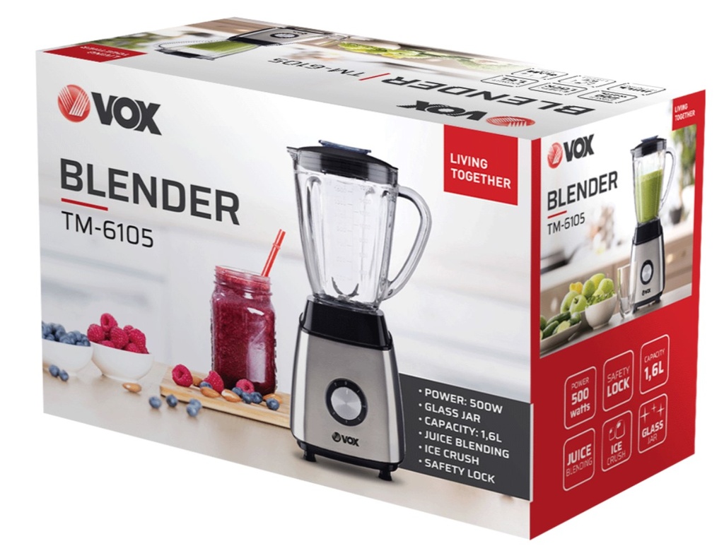 [TM 6105] VOX BLENDER POWER: 500W, GLASS JUG 1.5L, 5 SPEEDS + PULSE, STAINLESS STEEL BLADES, ICE CRUSH, CORD STORAGE INOX DESIGN, CAN BLEND HARD FRUITS AND VEGETABLES