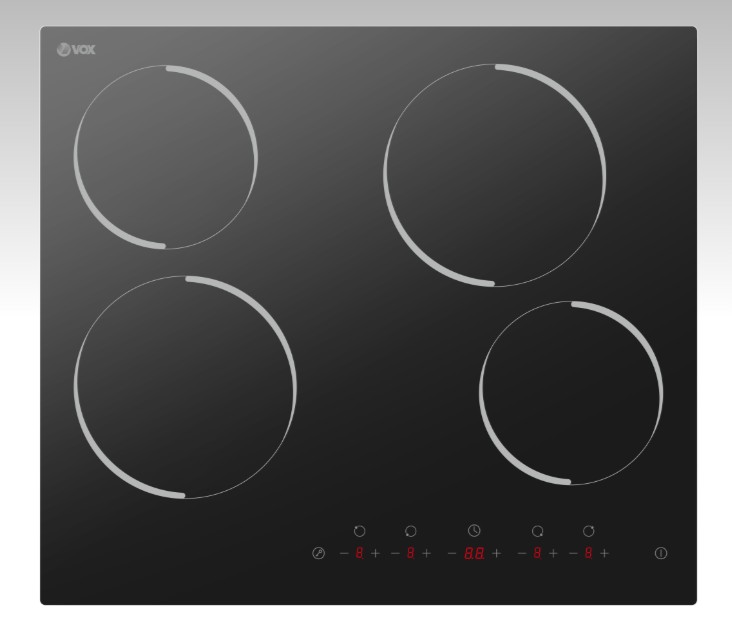 VOX HOB ELECTRIC, VITROCERAMIC HOB, 4 HIGHLIGHT COOKING ZONES, 2*165mm AND 2*200mm, SENSOTOUCH, INDIVIDUALTIMERS, CHILDLOCK, BLACK
