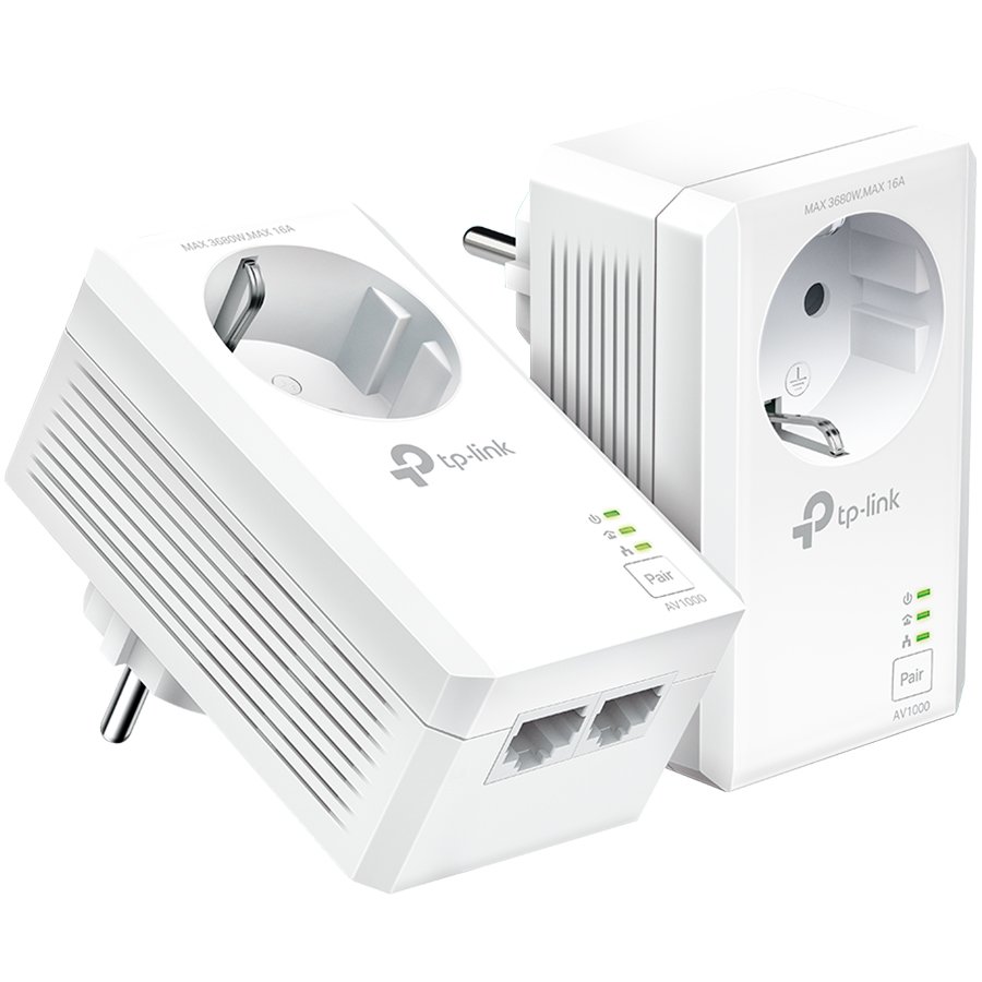 TP-LINK POWERLINE AV1000, PASSTHROUGH, TWIN PACK, 2 X GIGABIT PORT, 128-BIT AES ENCRYPTION, PLUG AND PLAY, UK PLUG