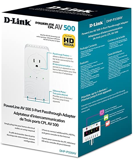 [DHP-P338AV/B] DLINK POWERLINE AV 500MBPS PASSTHROUGH ADAPTER, 3x10/100MBPS PORT UK PLUG