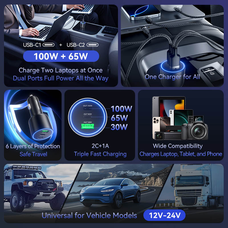 Vention Charger Car 165W 2xUSBC 1xUSBA 100W Max Black FFPB0 - Image 4