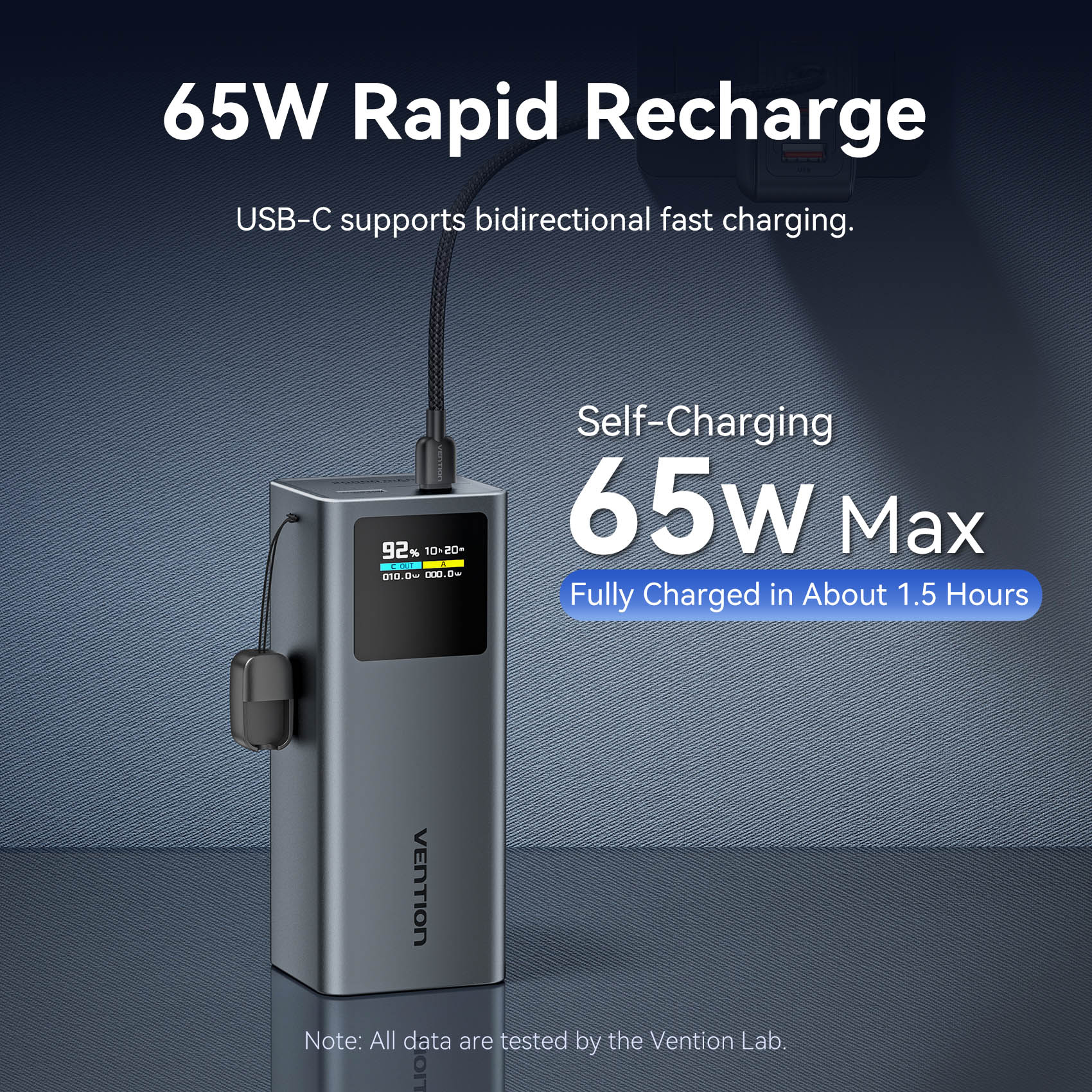 Vention MA Powerbank 20000mAh 100W 2xUSB-C 1xUSB-A TFT Display +100W Cable FKCH0 - Image 9