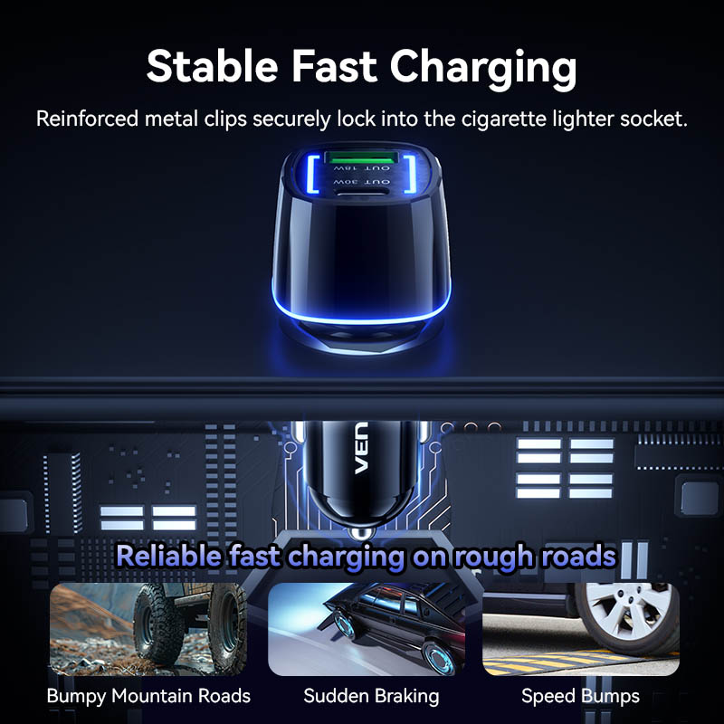 Vention Charger Car 48W 1xUSBC 1xUSBA 30W Max Black FFRB0 - Image 9