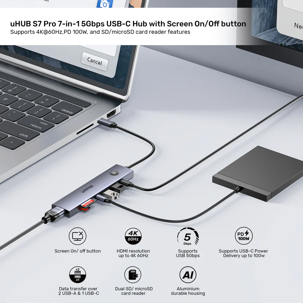 Unitek USB-C Hub 2xUSB-A/USB-C/HDMI/SD/PD100W with ON/OFF Screen Switch H1124A - Image 10