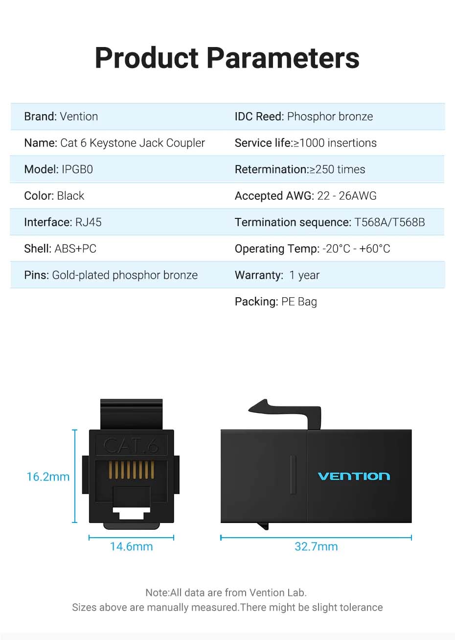 Vention NETWORK Keystone Jack CAT6 UTP Coupler Black IPGW0-5 (5-pack) - Image 10