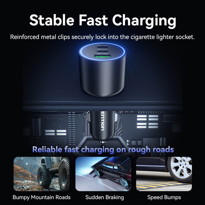 Vention Charger Car 165W 2xUSBC 1xUSBA 100W Max Black FFPB0 - Image 12