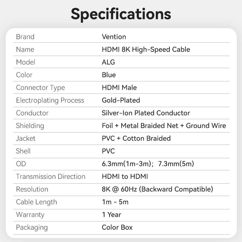 Vention HDMI Cable 2.1 8K60Hz Braided 1.0m Aluminium Blue ALGLF - Image 11