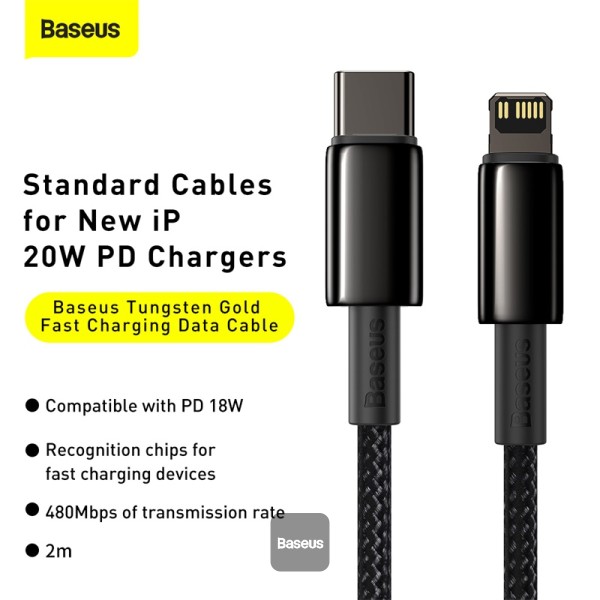 Baseus Cable Lightning to USB-A Tungsten Gold Series Braided 2.0m Black - Image 6