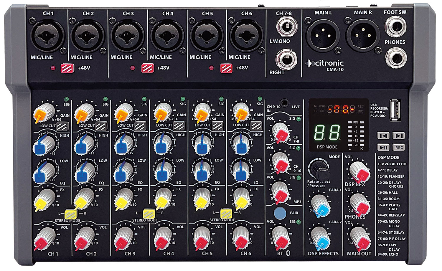 Citronic CMA-10 8ch Mixer with DSP/BT/PC/USB Play-Rec 170.866UK