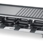SEVERIN RACLETTE GRILL, 8 PANS, FULL NON STICK COATED PLATE, ADJUSTABLE THERMOSTAT, REMOVABLE PARTS, ON / OFF BUTTON, BRUSHED STAINLESS STEEL/BLACK