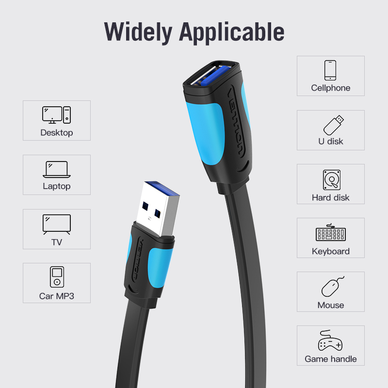 Vention IT Cable USB-A 3.0 M-F Extension Flat 1.5m Black VAS-A13-B150 - Image 3