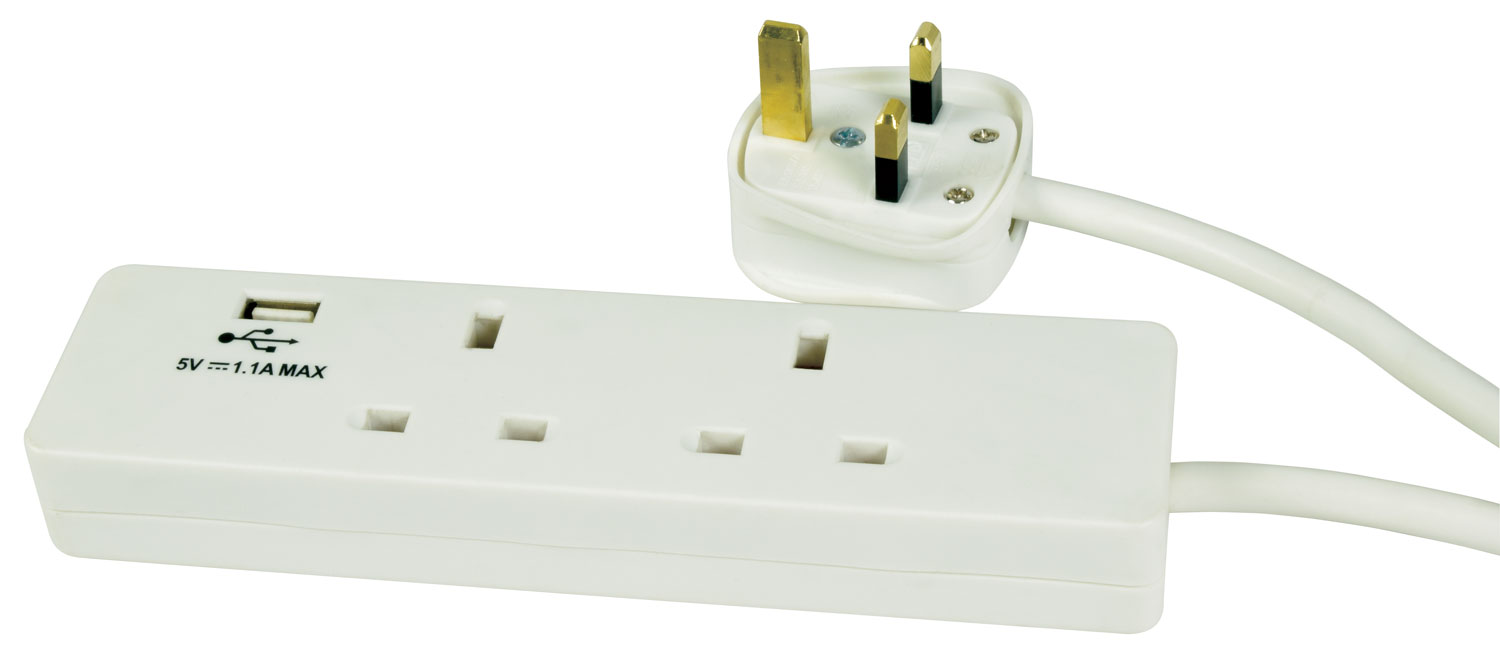 Mercury 2-Gang/Surge/2m 1xUSB Port 429.768UK
