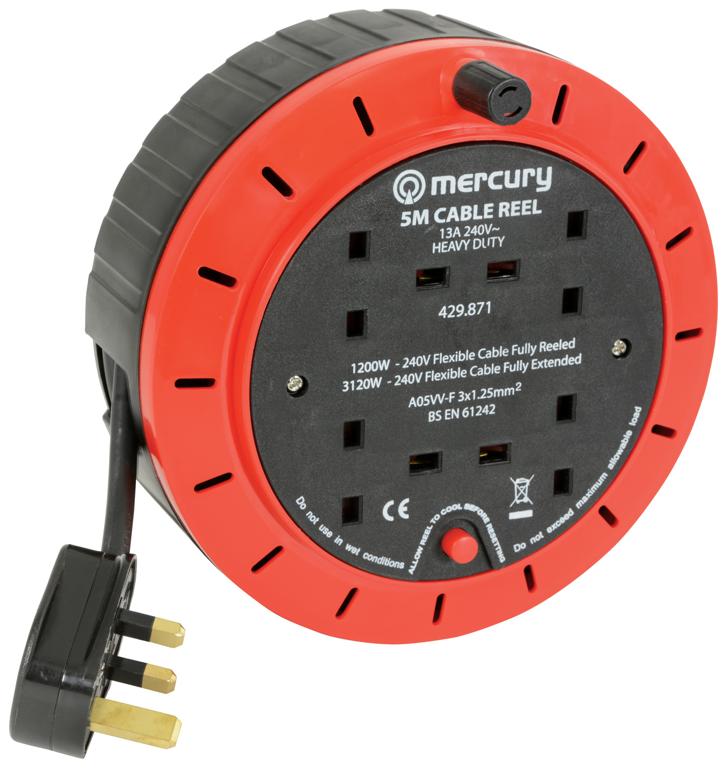Mercury 4-Gang Power Extension Retractable Reel 5.0m 429.871UK
