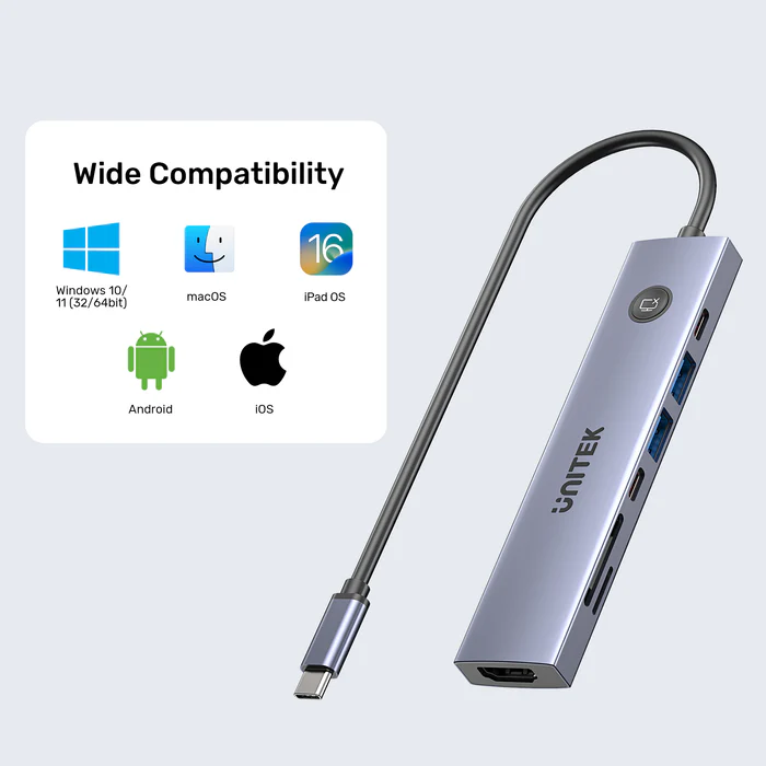Unitek USB-C Hub 2xUSB-A/USB-C/HDMI/SD/PD100W with ON/OFF Screen Switch H1124A - Image 4