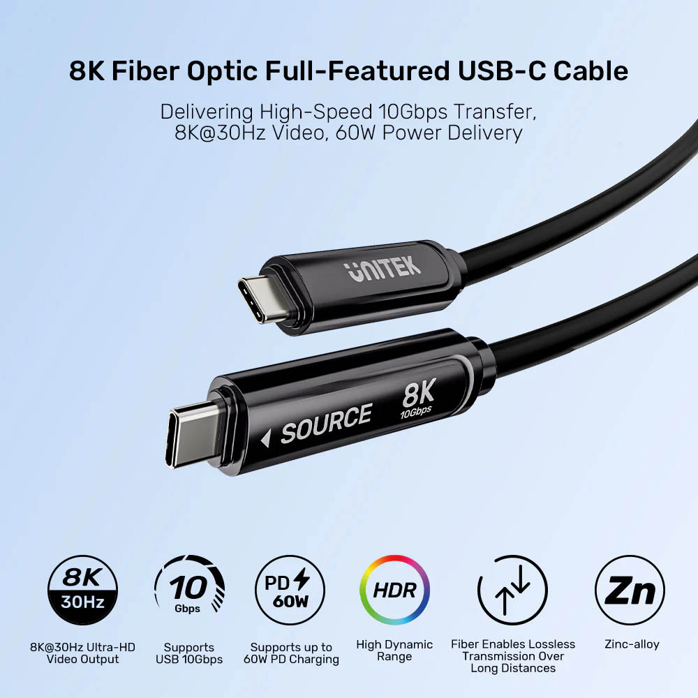 Unitek UC USB-C Fiber Optic 8K Cable 10Gbps 60W PD 15.0m C14178A-15M - Image 4