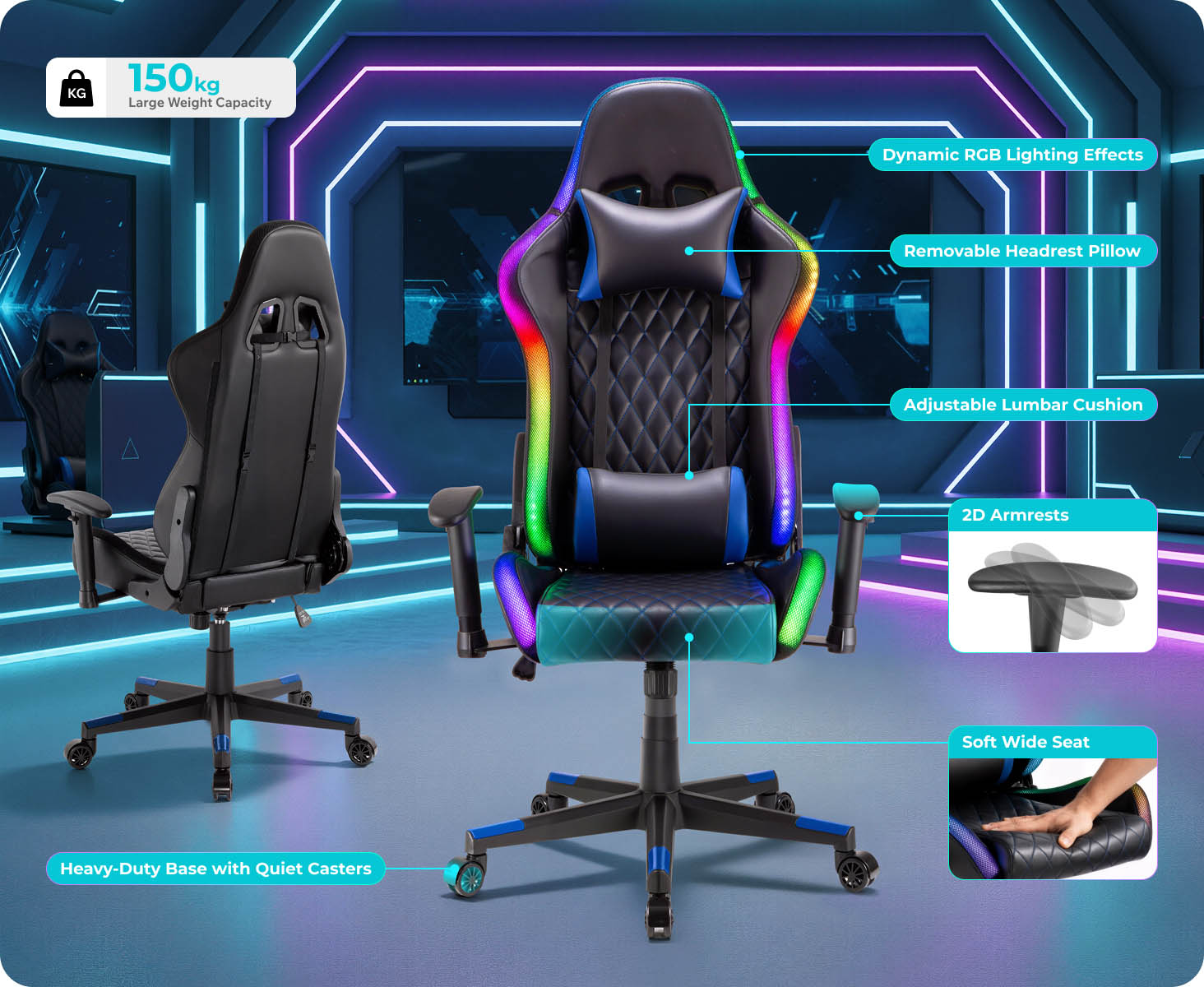 Lumivida Gaming Chair with Headrest, Lumbar Support & RGB Lights CH06-30 Black - Image 4