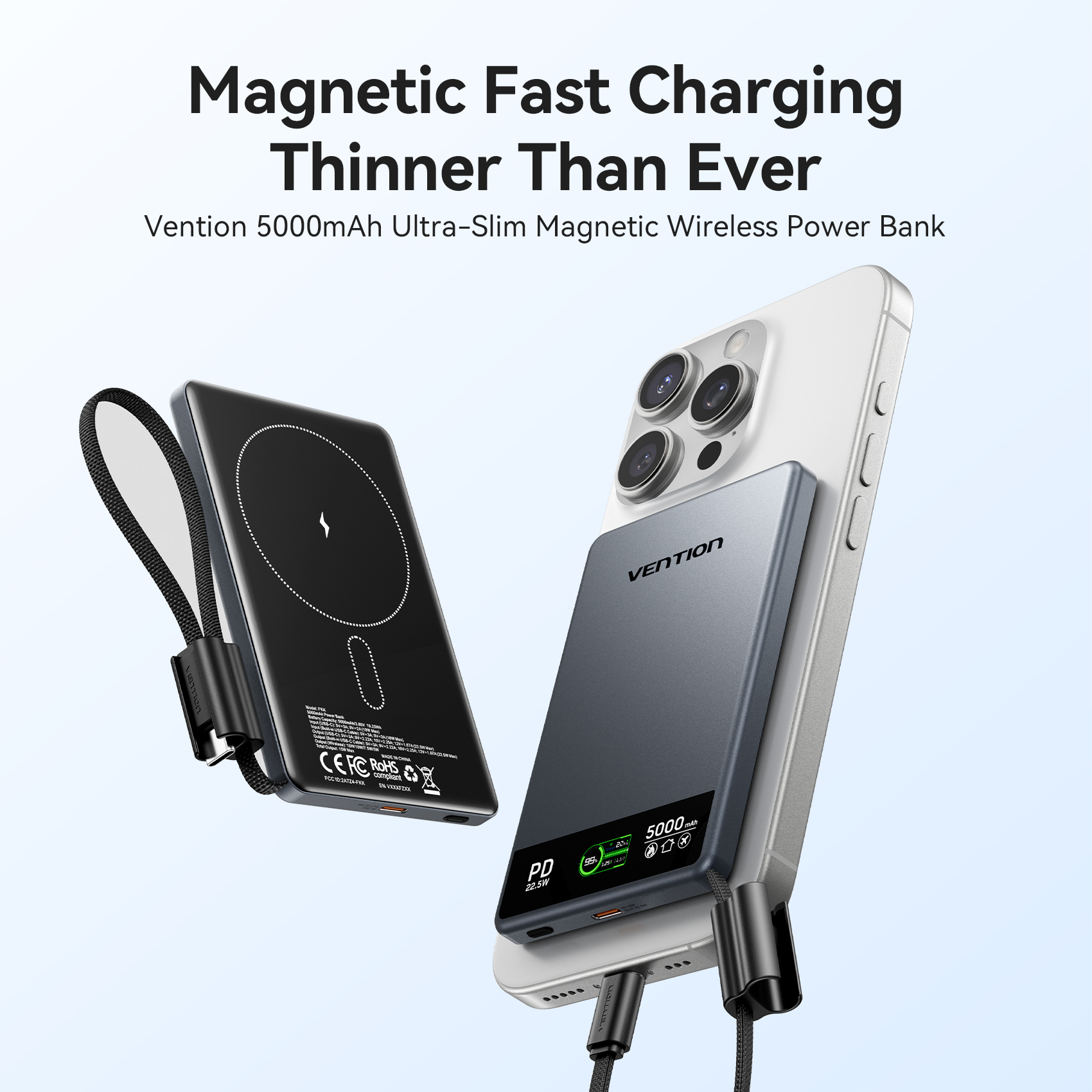 Vention MA Powerbank Wireless Magnetic 5000mAh 22.5W Wireless 15W Ultra Slim Grey FKKH0 - Image 4
