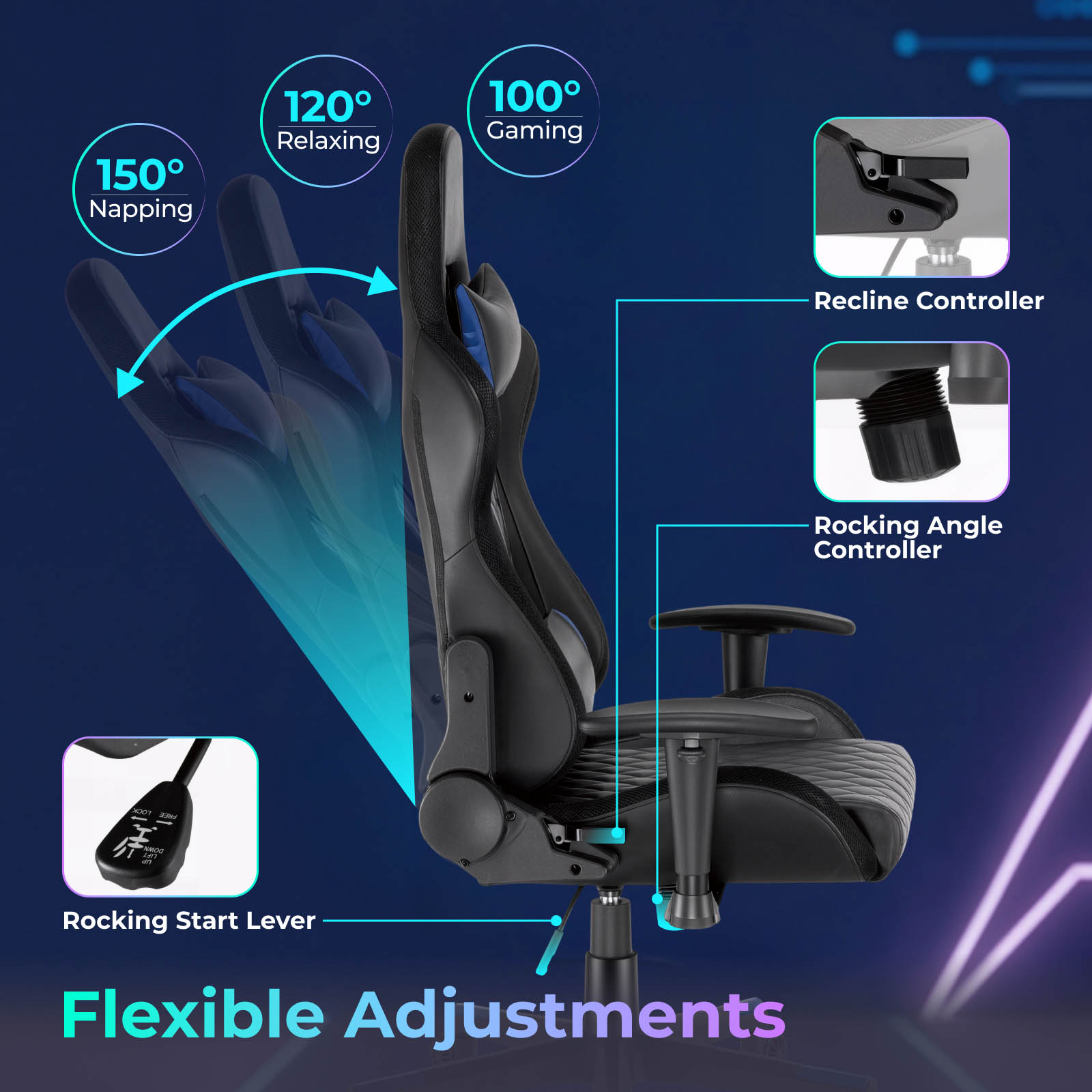 Lumivida Gaming Chair with Headrest, Lumbar Support & RGB Lights CH06-30 Black - Image 5