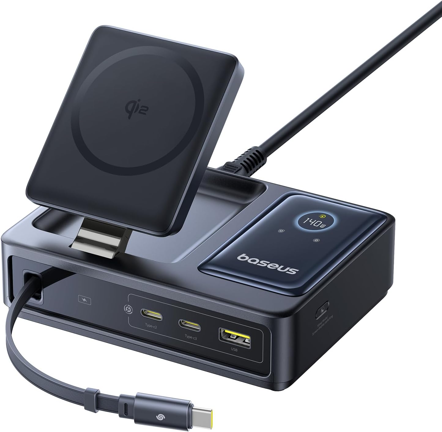 Baseus NOMOS 5in1 Desktop 140W Wired & Wireless Charger Qi2 3xUSBC+1A with LED Display UK Plug