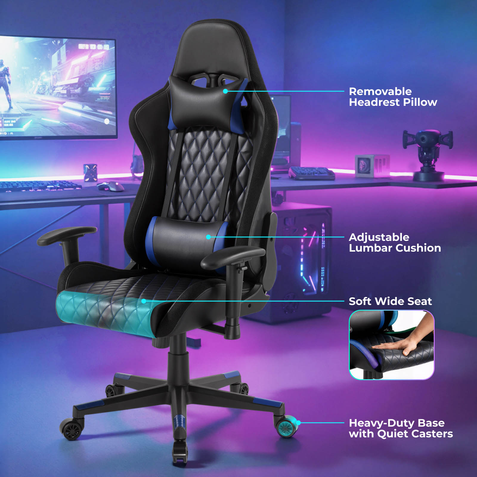 Lumivida Gaming Chair with Headrest, Lumbar Support & RGB Lights CH06-30 Black - Image 6