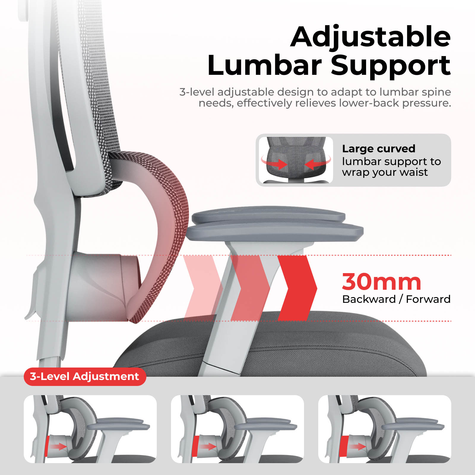 Lumivida Office Chair Ergonomic Mesh Lumbar Support Adjustable Seat/Armrest CH10-26 Grey - Image 6