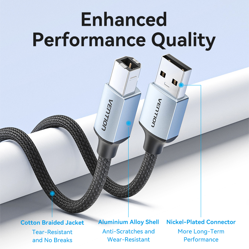 Vention IT Cable USB-A 2.0 to USB-B Printer Braided 5.0m Aluminium Grey CTTHJ - Image 7