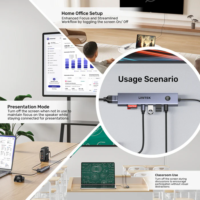 Unitek USB-C Hub 2xUSB-A/USB-C/HDMI/SD/PD100W with ON/OFF Screen Switch H1124A - Image 8
