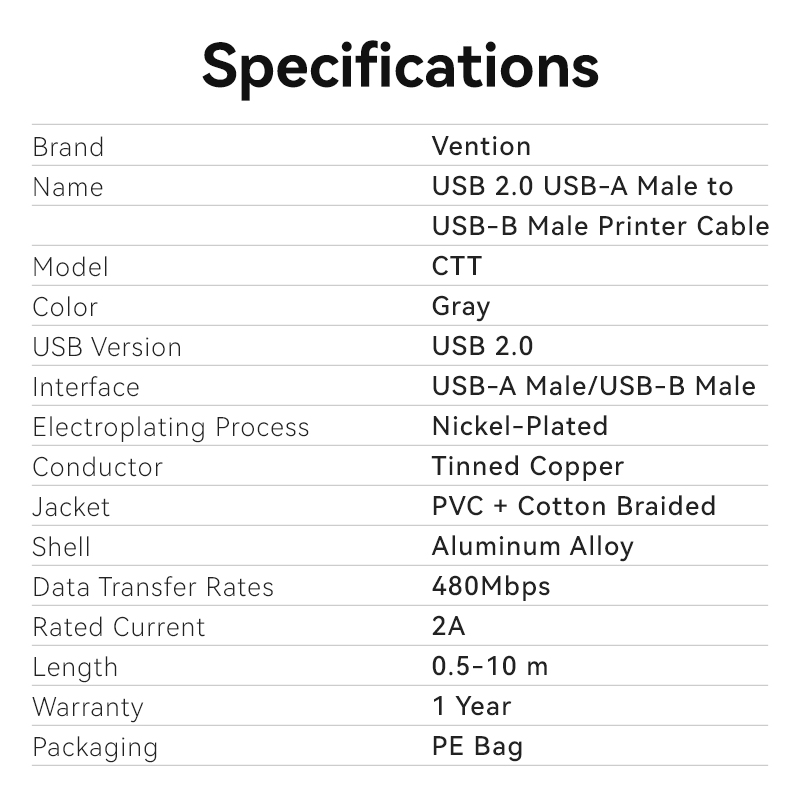 Vention IT Cable USB-A 2.0 to USB-B Printer Braided 3.0m Aluminium Grey CTTHI - Image 9