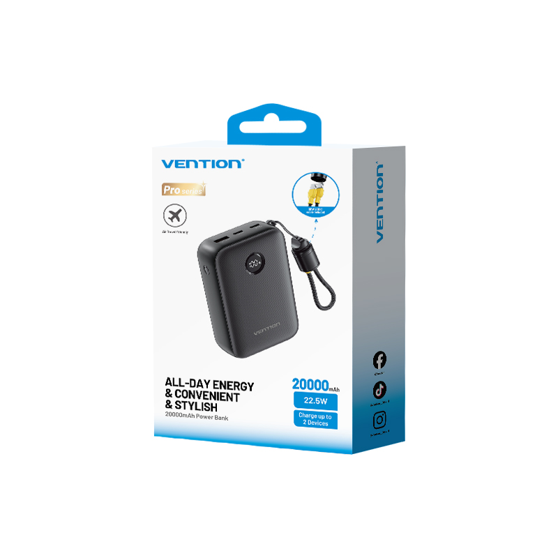 Vention MA Powerbank 20000mAh 22.5W Built-in USBC Lanyard + Display Black FKBB0-C - Image 7